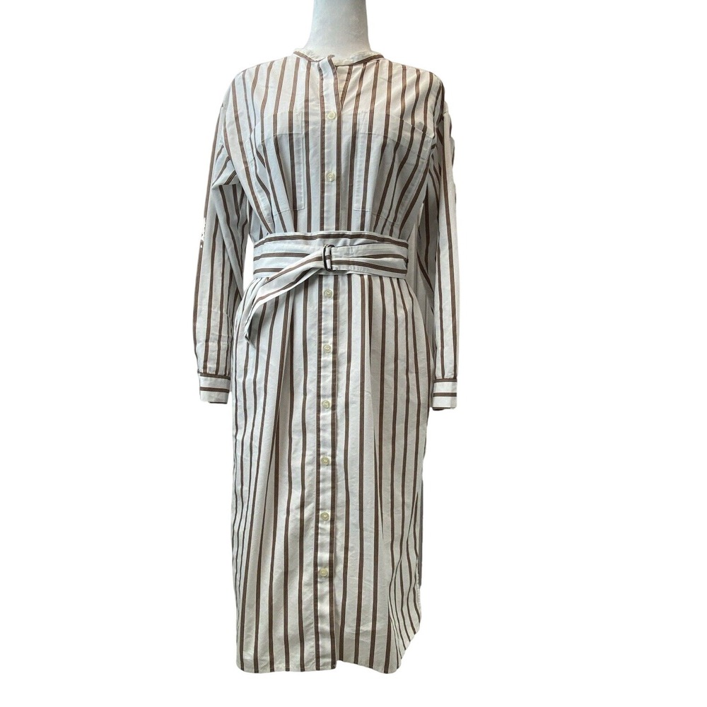 PLST Shirt Dress Womens S White Brown Striped Belted Button Front Midi Pockets